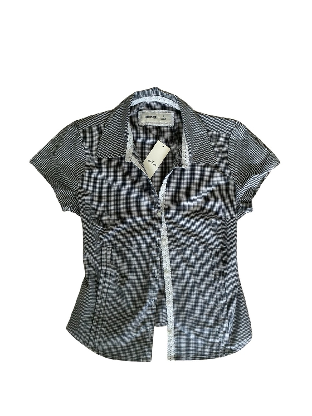 Hollister NWT Navy Gingham Button Top Small Y2K Coquette Fitted Cute - Picture 4 of 10